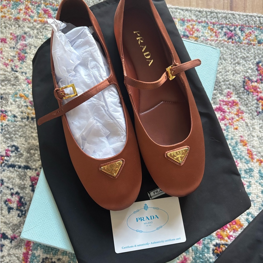 Prada Tan Mary Jane Flats with Gold Buckle